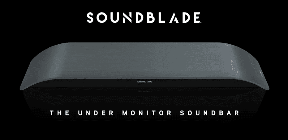 Soundblade by BlueAnt, an under monitor soundbar with a sleek, curved design